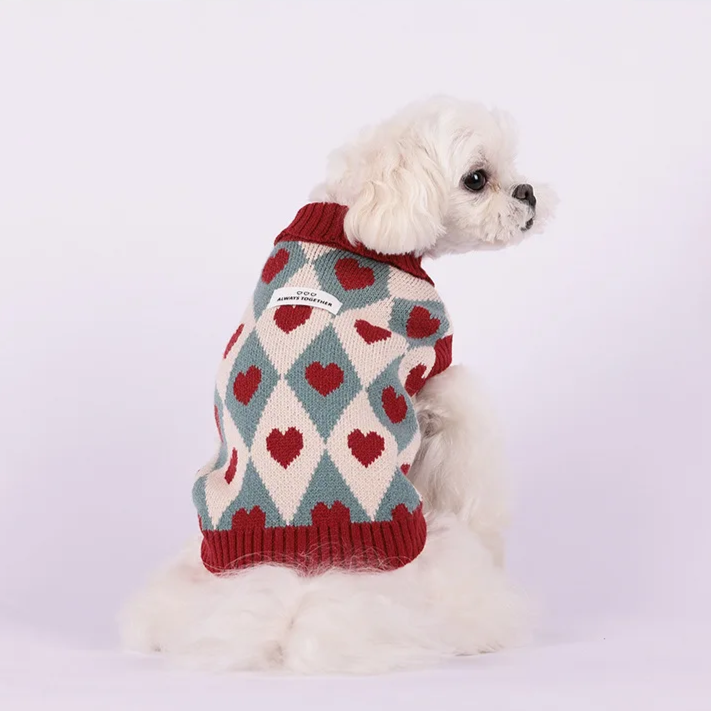 Knitted Turtleneck Dog Sweater – Diamond Heart Pattern Winter Jumper for Small Dogs & Puppies