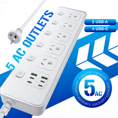 10 in 1 Powerboard with USB-C Surge Protector Extension Cord (1.8m) by Snagg An Extension Cable