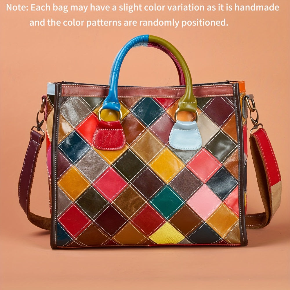 Multicolor Plaid Leather Tote Bag by Snagg A Bag