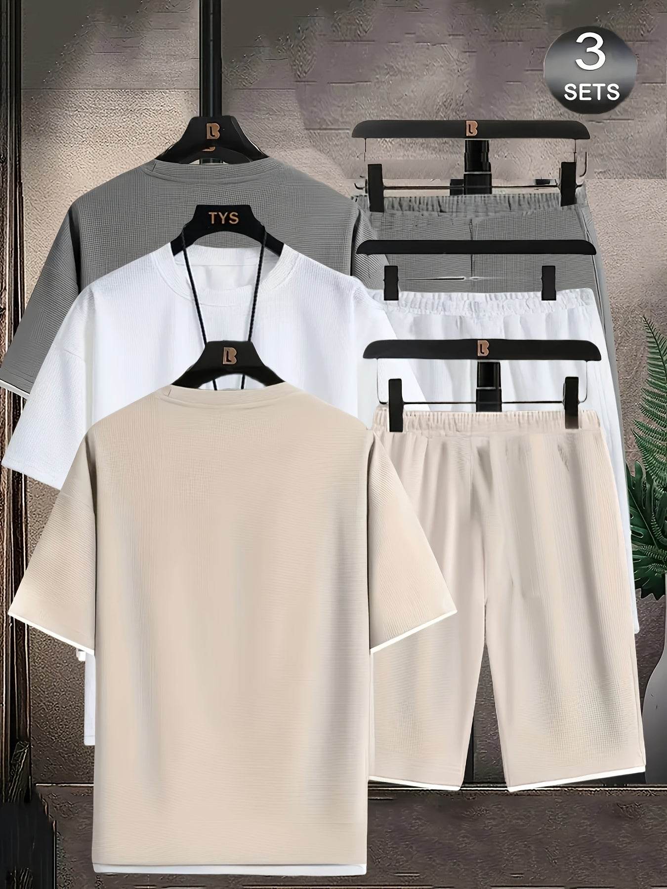 6pcs Waffle Men’s Pajama Set – Short Sleeve & Shorts Multi-Piece Homewear - SnaggIt