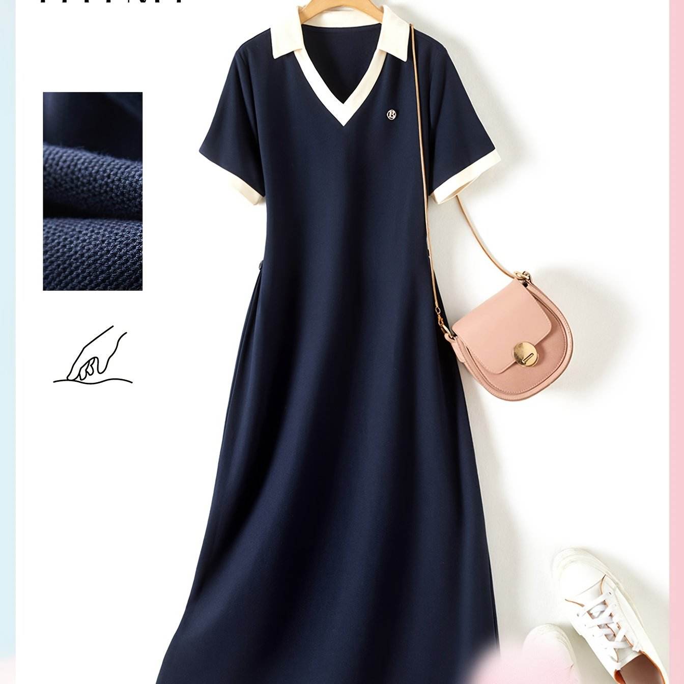 Contrast V-Neck Waist-Cinching Dress - SnaggIt