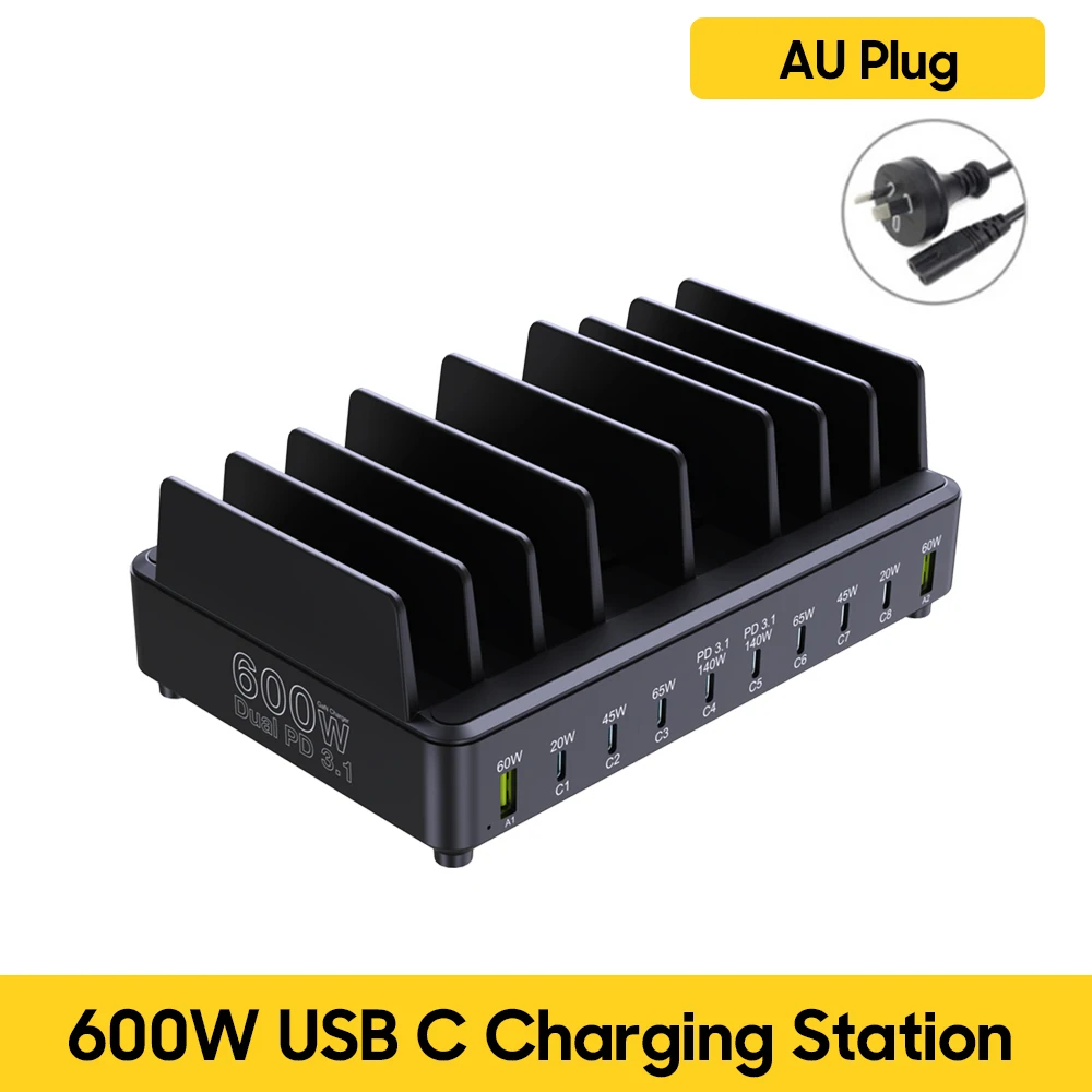 600W GaN 10-Port PD3.1 Charging Station Stand | Multi USB Fast Charger MacBook iPhone iPad Samsung Laptop