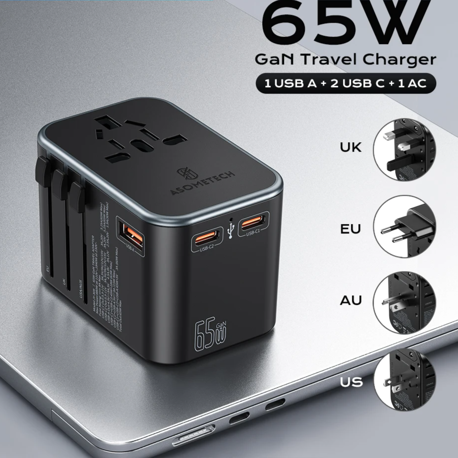 65W GaN Universal Travel Adapter | PD All-in-One Worldwide Wall Charger for USA EU AUS UK Plug