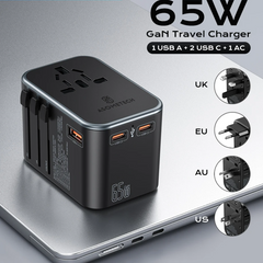 65W GaN Universal Travel Adapter | PD All-in-One Worldwide Wall Charger for USA EU AUS UK Plug