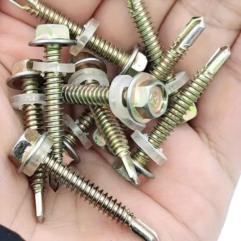500 Pcs Hex Head Self Tapping Screw Set — Galvanized Drill-Tail Screws with Washers for Metal Wood & Plastic - 500pcs
