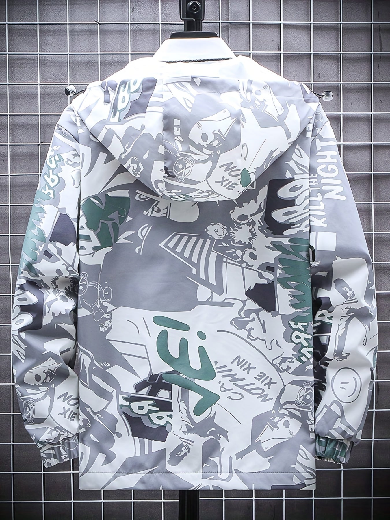 Men’s Graffiti Print Hooded Windbreaker – Mid-Length, Unisex Streetwear by Snagg A Jacket