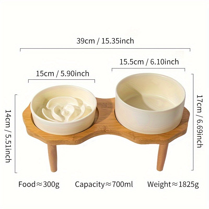 Slow Food Ceramic Cat & Dog Bowl with Elevated Wooden Stand by Snagg A Feeder