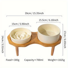 Slow Food Ceramic Cat & Dog Bowl with Elevated Wooden Stand by Snagg A Feeder