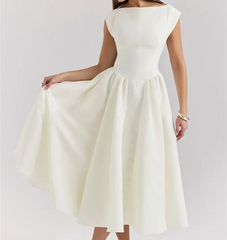 Circle Cut-Out Back Midi Dress – Women's Wide Shoulder Fitted Waist Fluffy Hem Prom & Wedding Dress