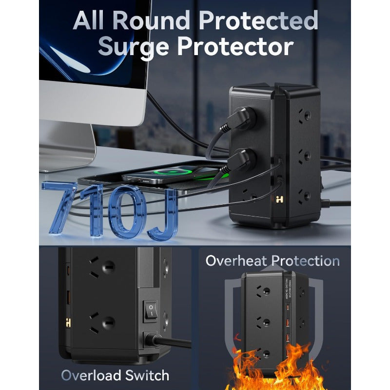 Tower Powerboard with USB-C | 12-Outlet Surge Protector (1.8m Extension) by Snagg An Extension Cable