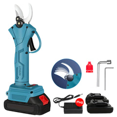 Blue cordless tree pruner with accessories on a white background