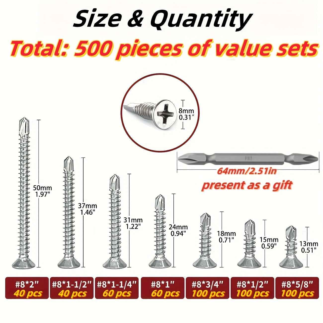 500pcs 410 Stainless Steel Self Drilling Screws (Self-Tapping) Phillips Flat Head - Total 500 pieces + Bit - Power