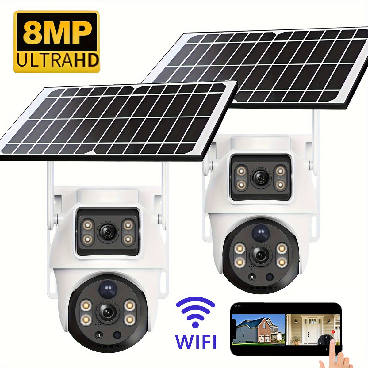 2 Pack 8MP Dual-Lens Solar Powered WiFi Security Cameras by Snagg An Outdoor Camera