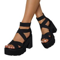 Women’s Platform Sandals Chunky Mid-Heel with Elastic Ankle Straps & Side Zipper by Snagg A Shoes
