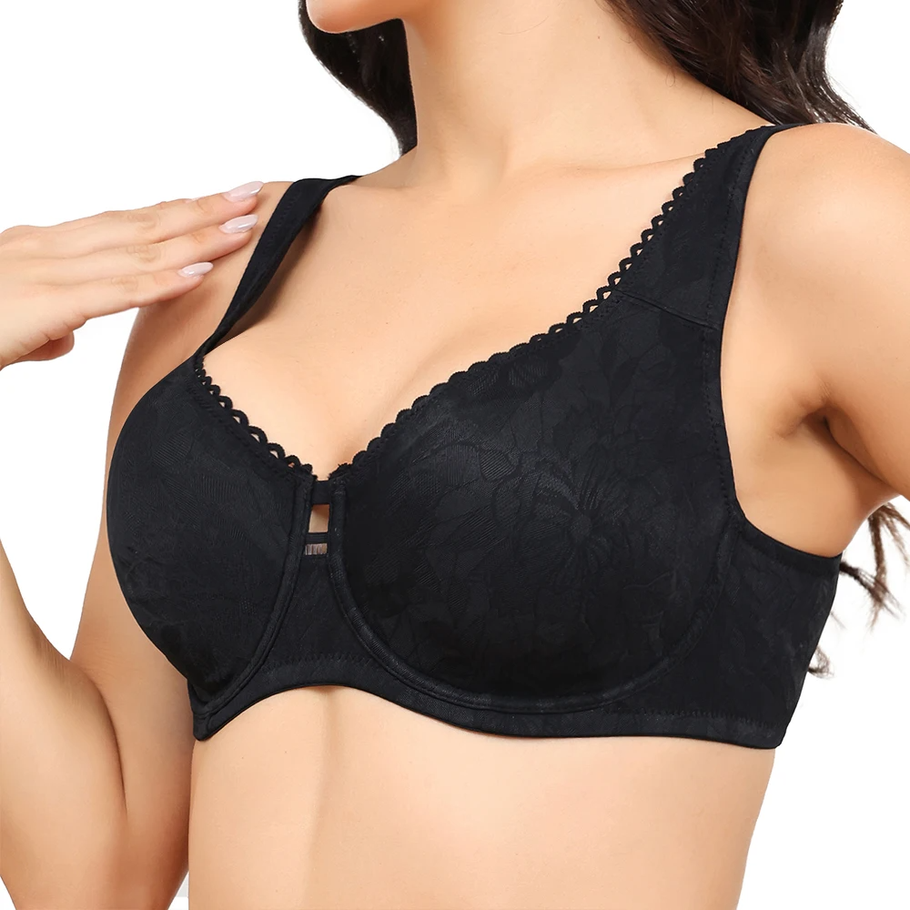 Plus Size Floral Lace Minimizer Bra | Wide Strap Underwire Full Coverage Non-Padded High Support