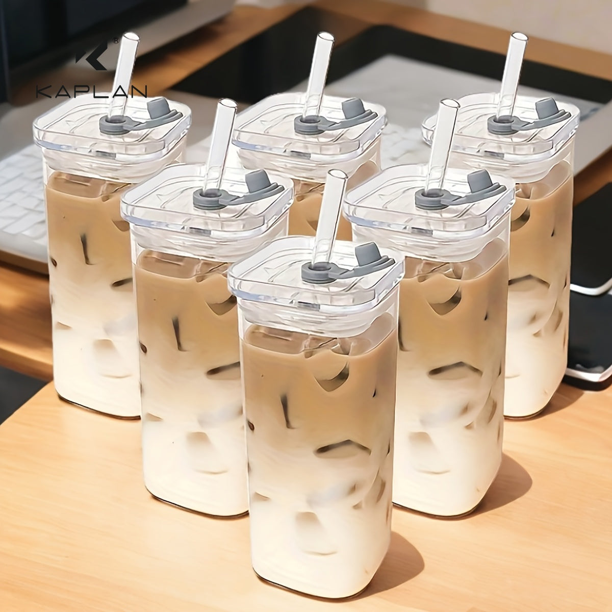 6 Pcs Square Glass Cups With Lids Set Portable Drinkware Home by Snagg A Cup