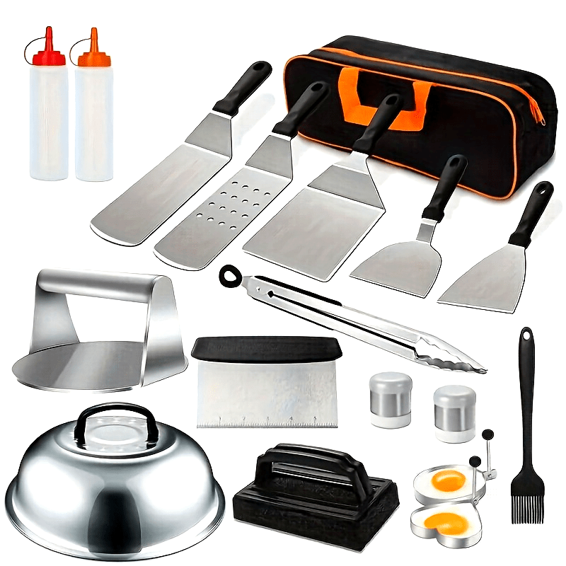 18 Piece Stainless Steel Flat Top Grill Accessories Set by Snagg A BBQ Tool Set
