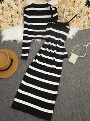 Striped Crew Neck Button-Up Sweater & Pencil Dress Set by Snagg A Dress