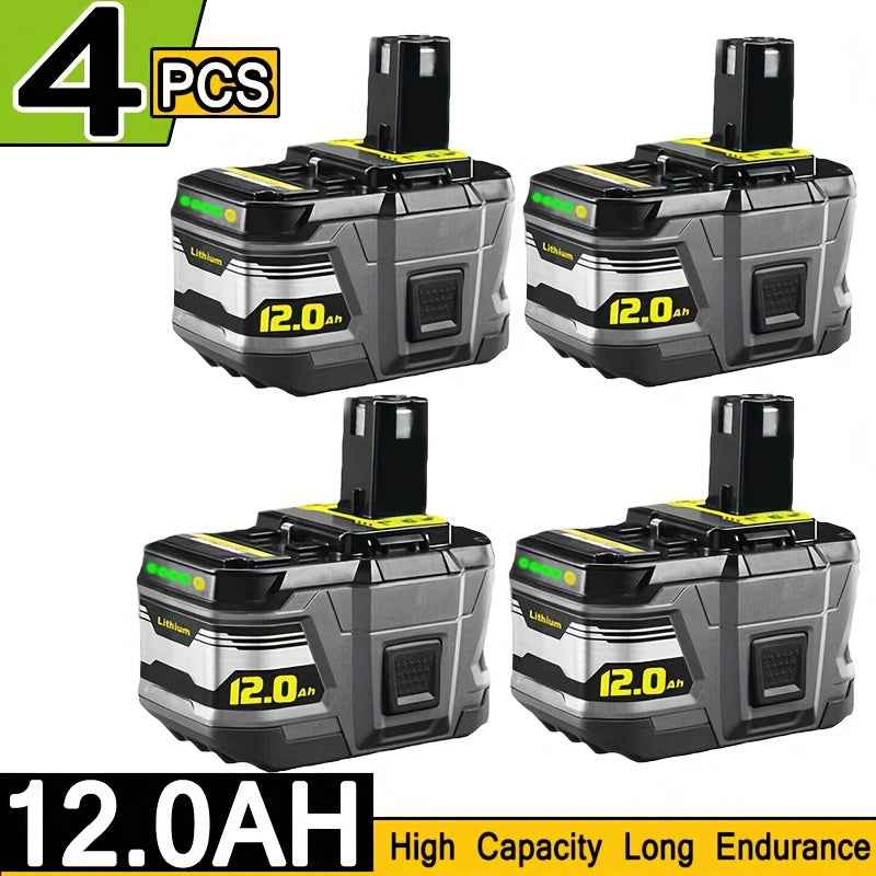 4 Pack 18 V 12.0 Ah Lithium-Ion Batteries — High Capacity Replacement for Ryobi 18 V ONE+ Cordless Tools