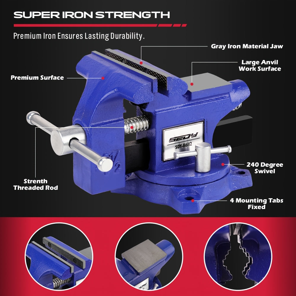 4.5’’ Heavy Duty Bench Vise with Magnetic Jaw Pads & 240° Swivel Base - General Hand Tools