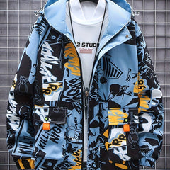 Men’s Graffiti Print Hooded Windbreaker – Mid-Length, Unisex Streetwear by Snagg A Jacket