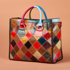 Multicolor Plaid Leather Tote Bag by Snagg A Bag