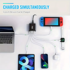 200W Ultra Fast Charging Adapter — 6 Port Power Hub (4× USB-C + 2× USB-A)