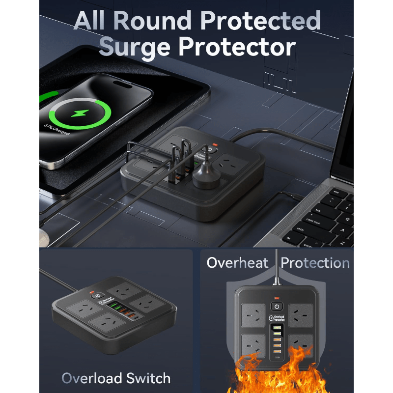 10 in 1 Powerboard with USB-C Surge Protector Extension Cord (1.8m) by Snagg An Extension Cable