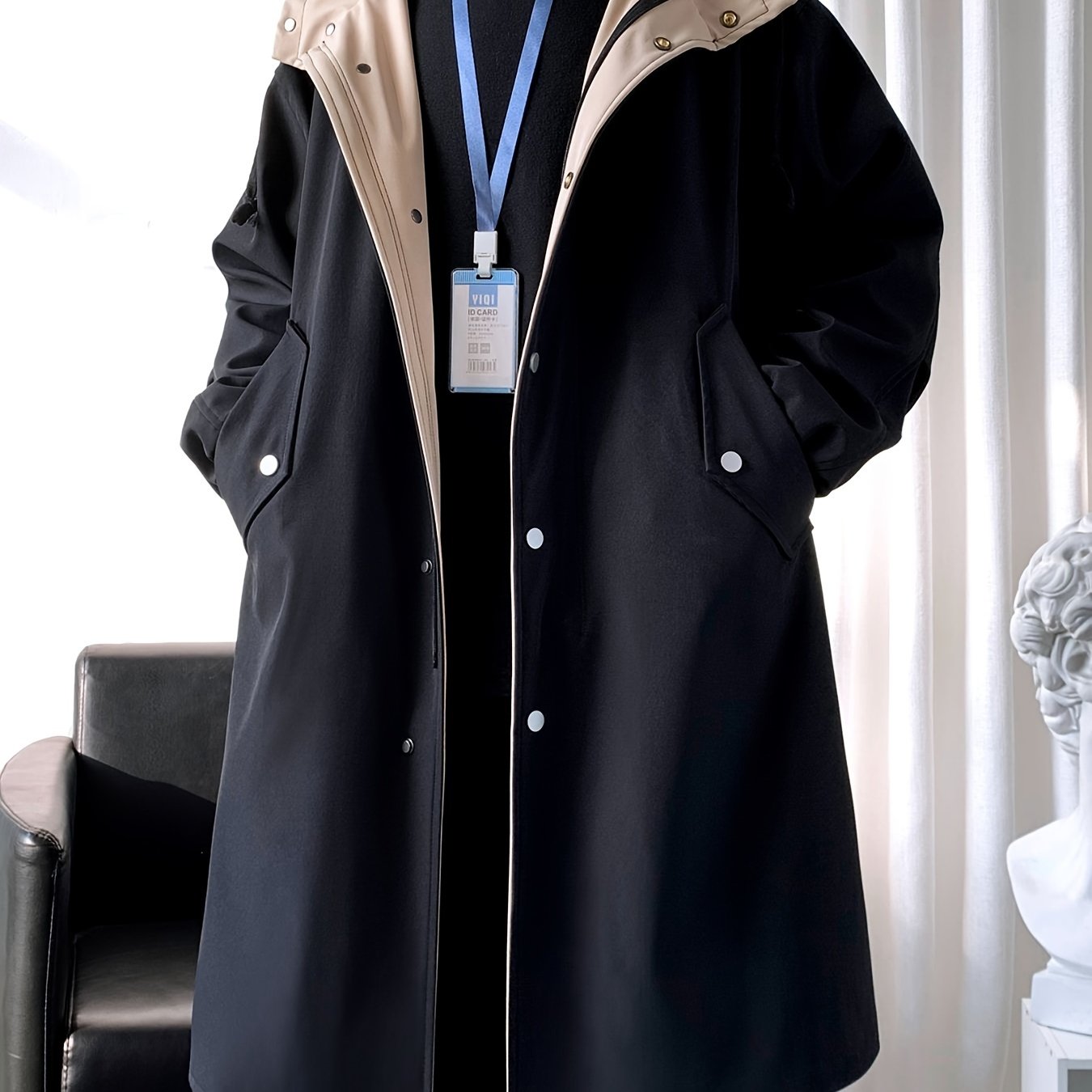 Men’s Mid-Length Beige Hooded Trench Coat by Snagg A Coat