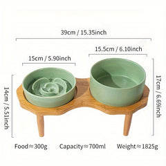 Slow Food Ceramic Cat & Dog Bowl with Elevated Wooden Stand by Snagg A Feeder