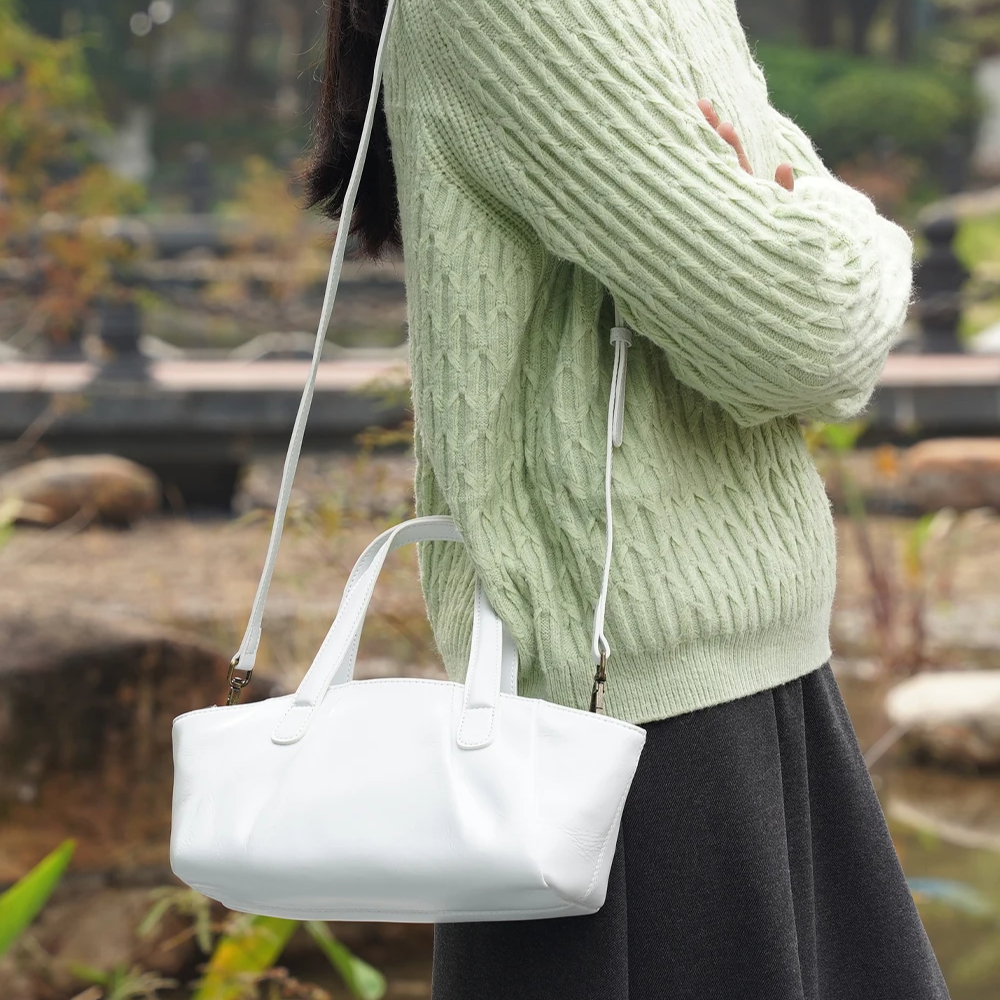 Ruched Genuine Leather Small Satchel