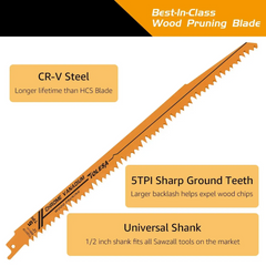 5PCS 9"/12" Wood Pruning Sawzall Blades 5TPI – CRV Reciprocating Blades for Green Wood, Lumber & PVC Cutting