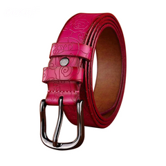 Women’s Floral Genuine Leather Belt — 28mm Rose Pattern with Metal Pin Buckle