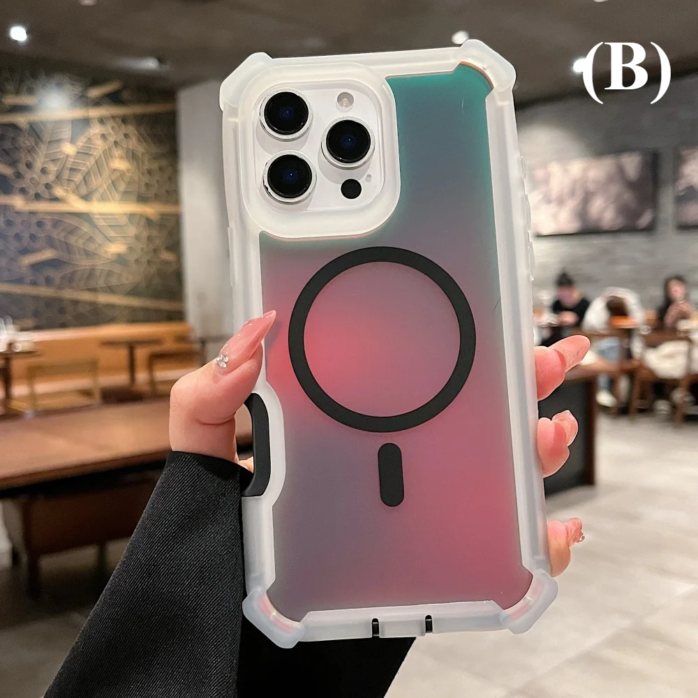 Luxury Magsafe Laser Dazzling Armor Case Dual Layer Protection - for iPhone 15 Series - B - Black / Plus - Phone Cases