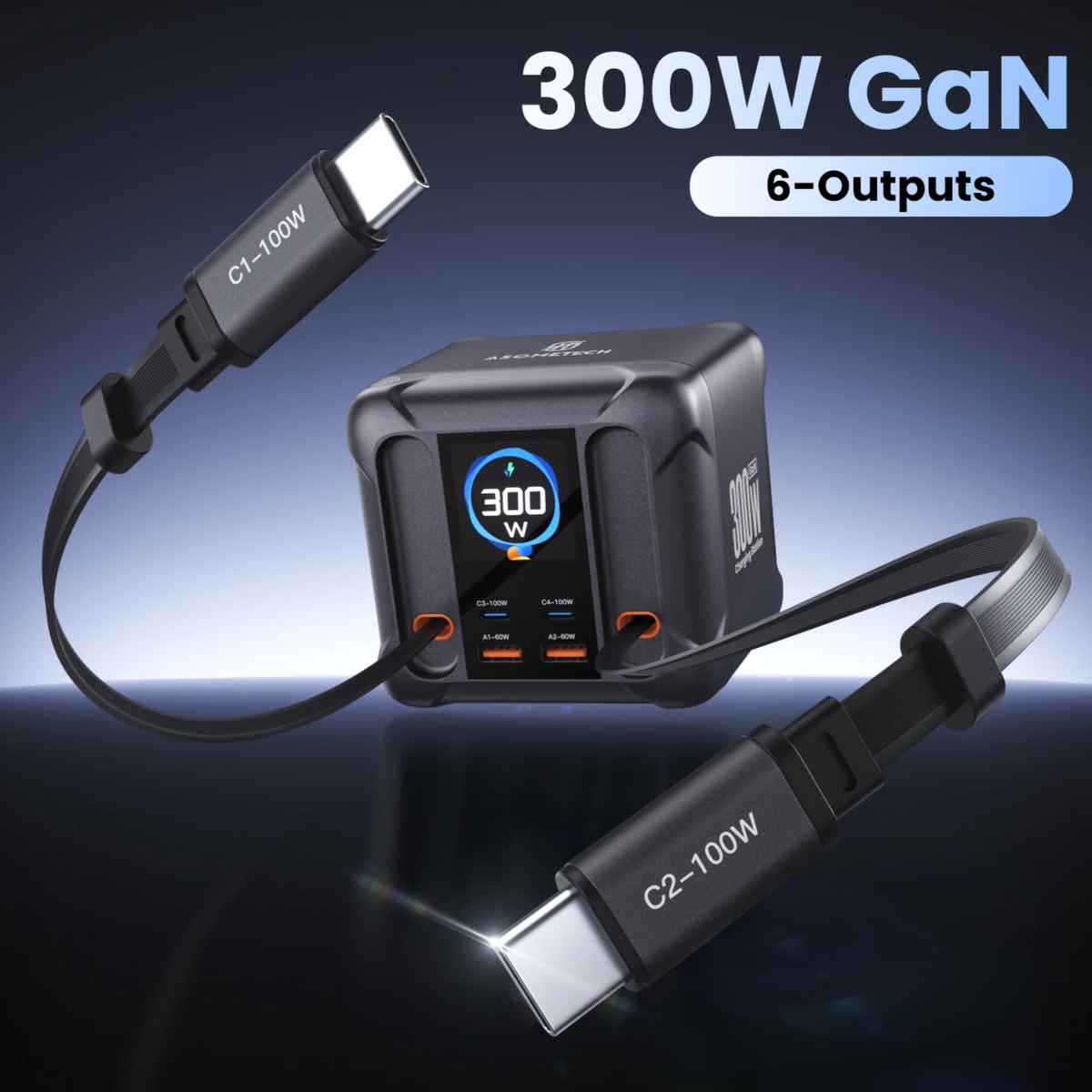 300W GaN USB Charging Station | LED Display + Retractable 100W & 65W USB-C PD3.0 PPS Fast Charger