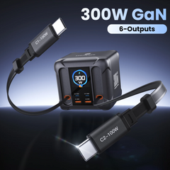 300W GaN USB Charging Station | LED Display + Retractable 100W & 65W USB-C PD3.0 PPS Fast Charger