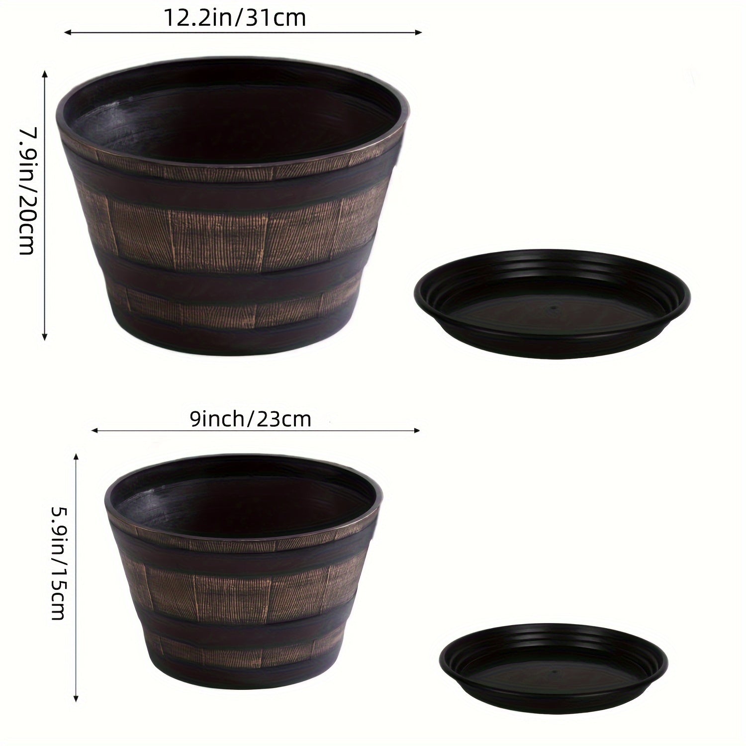 4pcs Whiskey Barrel Style Flower Pots with Trays by Snagg A Pot