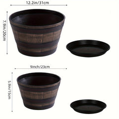4pcs Whiskey Barrel Style Flower Pots with Trays by Snagg A Pot