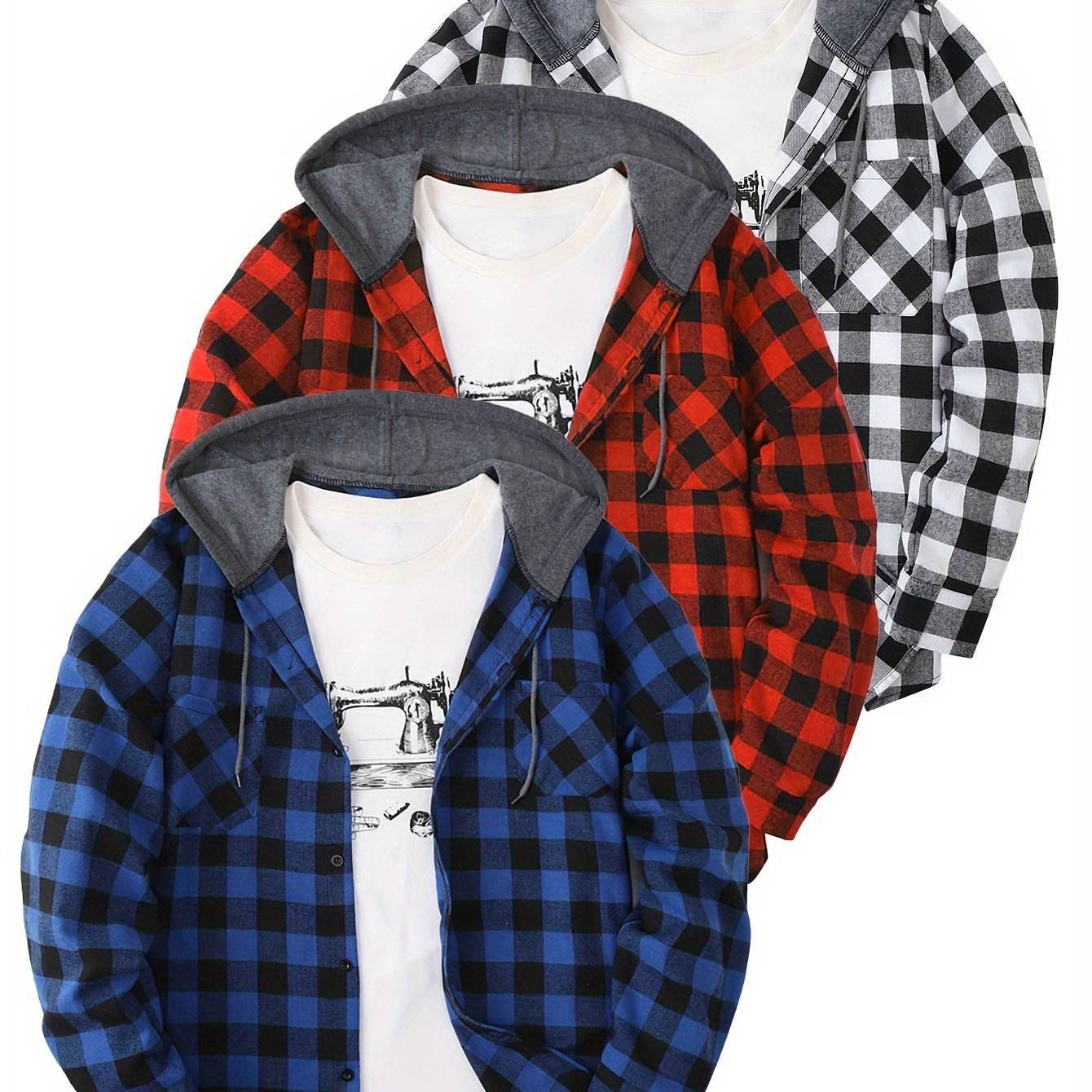 3pcs Men’s Hooded Plaid Flannel Shirts - SnaggIt