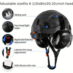 Carbon Fiber Pattern Safety Helmet with Visor, Earmuffs by Snagg A Safety Helmet