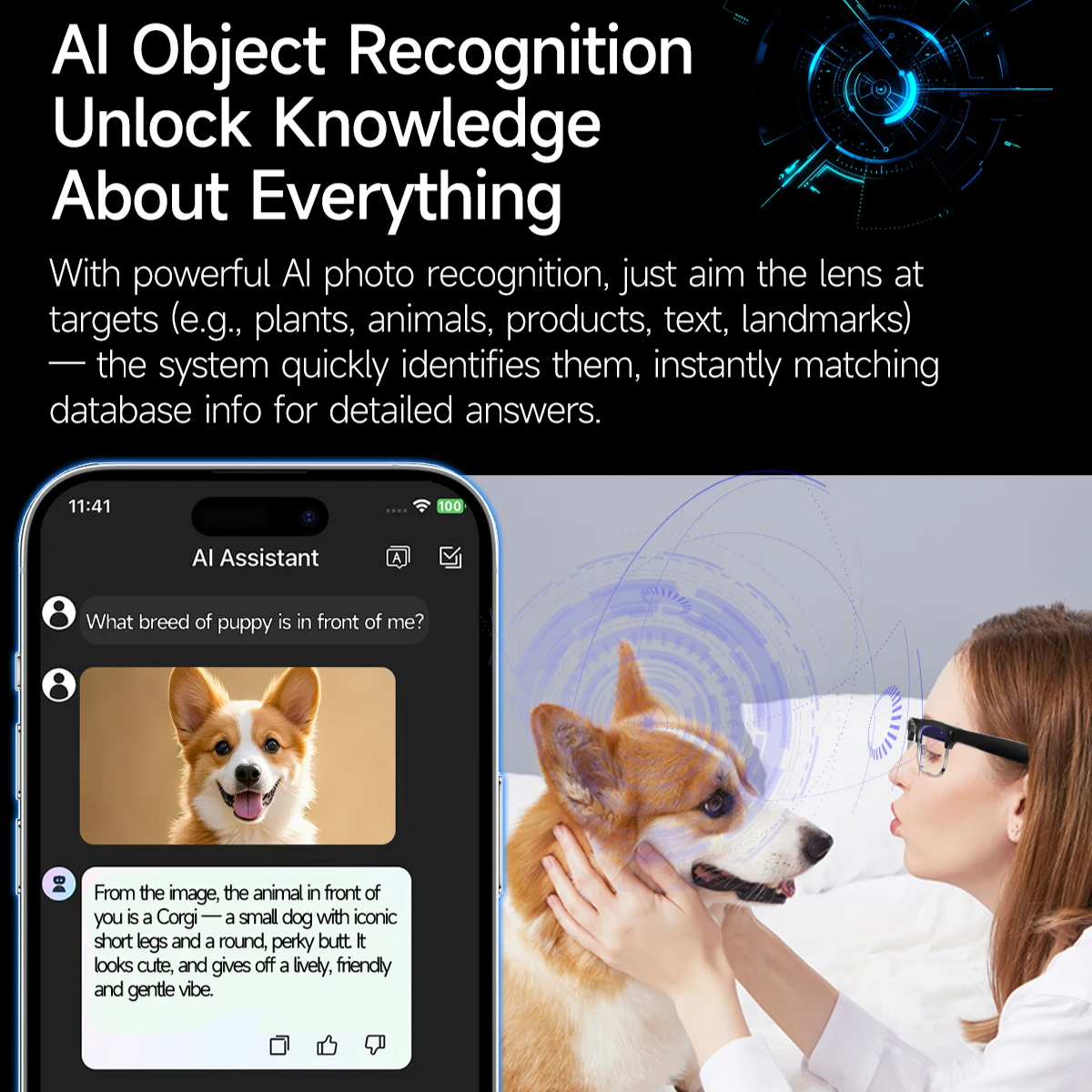 Phone displaying AI assistant with a dog photo and text, woman petting a dog.