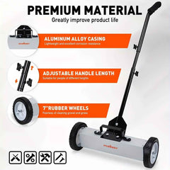 18” Heavy Duty Magnetic Sweeper with Wheels – 45LB Pull Force Nail & Metal Collector for Workshops, Garages & Yards