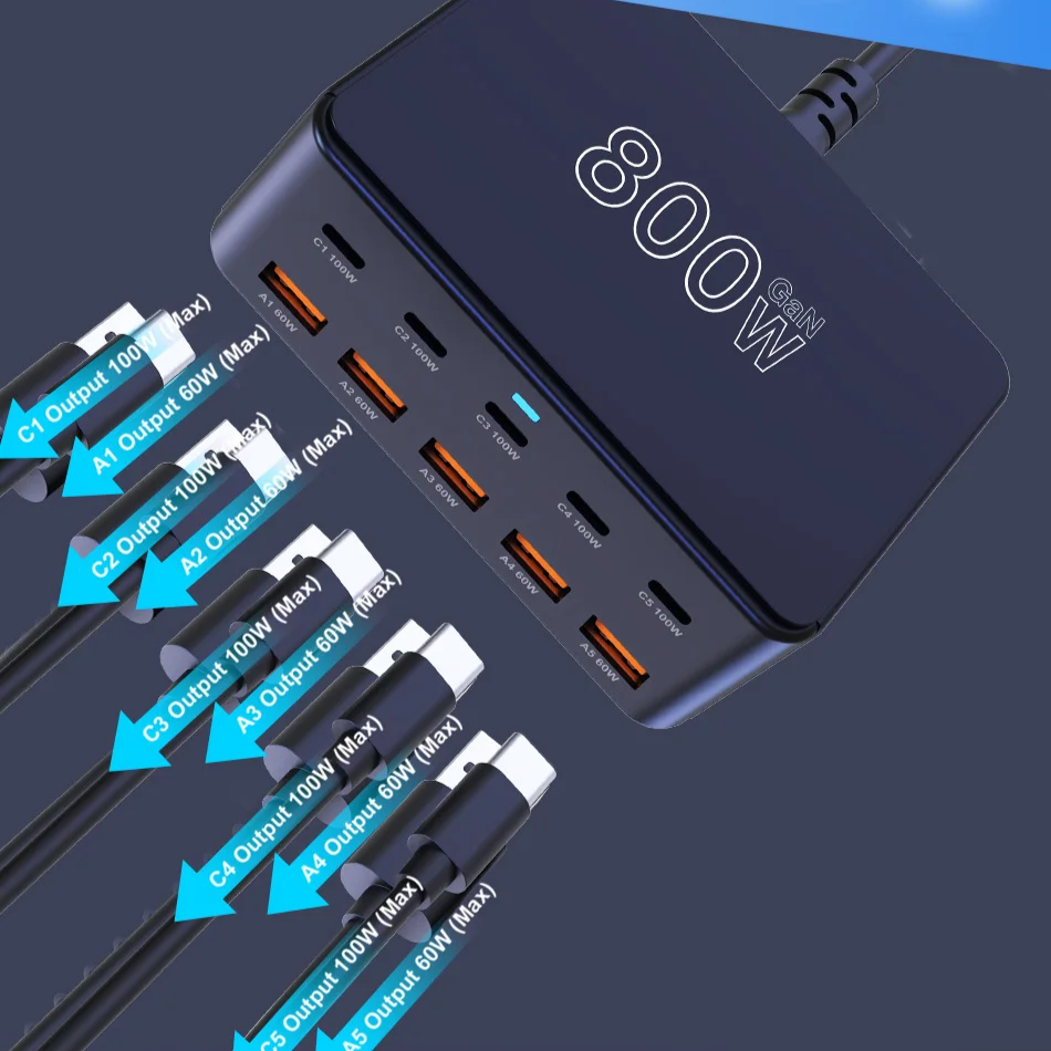 800W GaN 10-Port Charging Station | 100W PD3.0 PPS QC3.0 USB-C Fast Charger iPhone Samsung MacBook