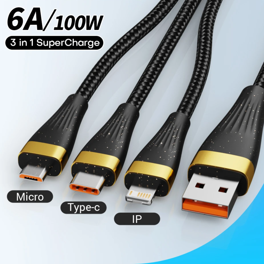 3-in-1 USB Charging Cable 100W 6A | USB-C Lightning Micro-USB Fast Charging for iPhone 14 Samsung Xiaomi