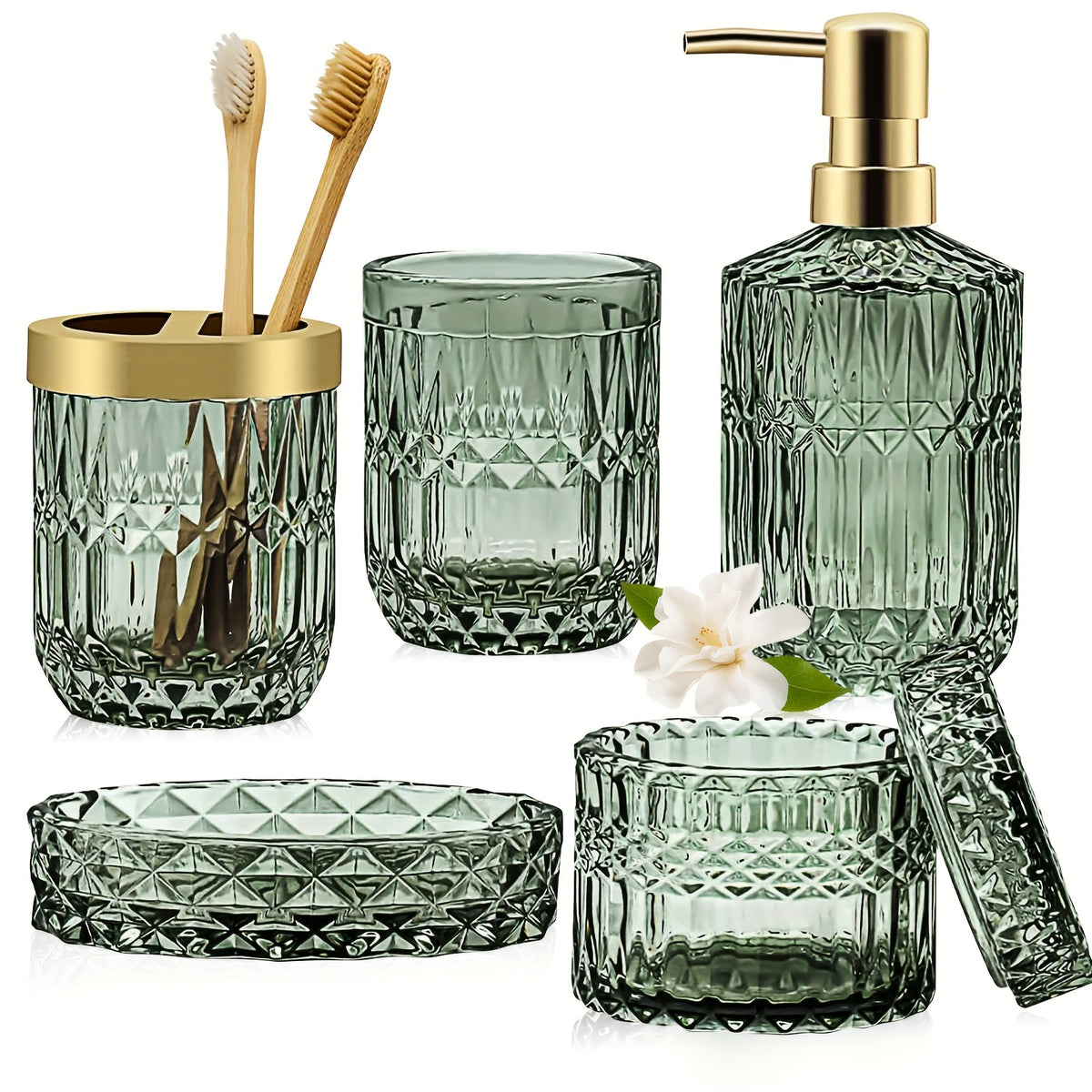 5 Pcs Luxury Glass Bathroom Accessory Set by Snagg A Bathroom Set