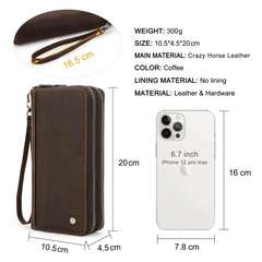 Genuine Leather Long Wallet Clutch with Double Zipper & Card Holders