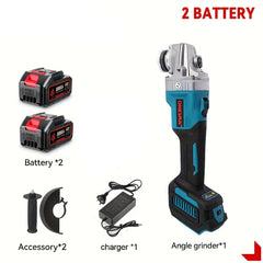 ONEVAN angle grinder with two batteries, a box, an accessory, a charger, and a tool on a white background.