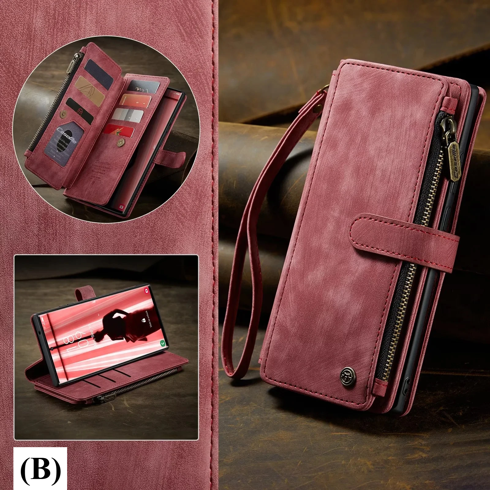 Flip Leather Wallet Case – for Samsung Galaxy S23 Series - B - Red / S23+ / PU leather + soft interior - Phone Cases &