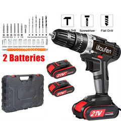 Cordless electric drill set with batteries, case, and accessories on a white background