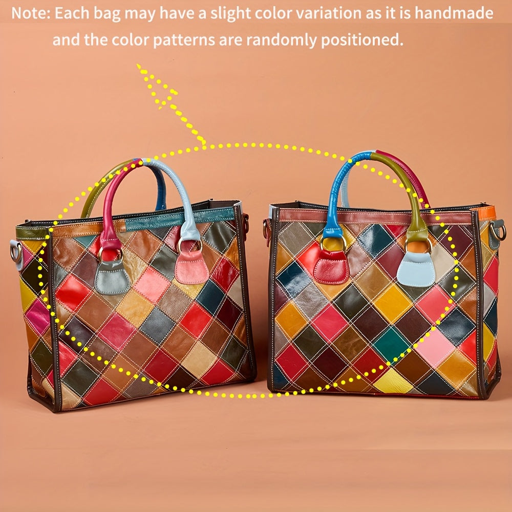 Multicolor Plaid Leather Tote Bag by Snagg A Bag